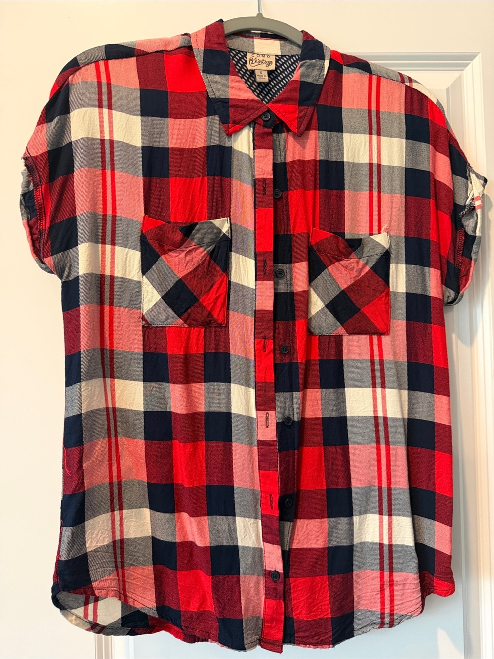 Red Navy Plaid Button-Up Shirt